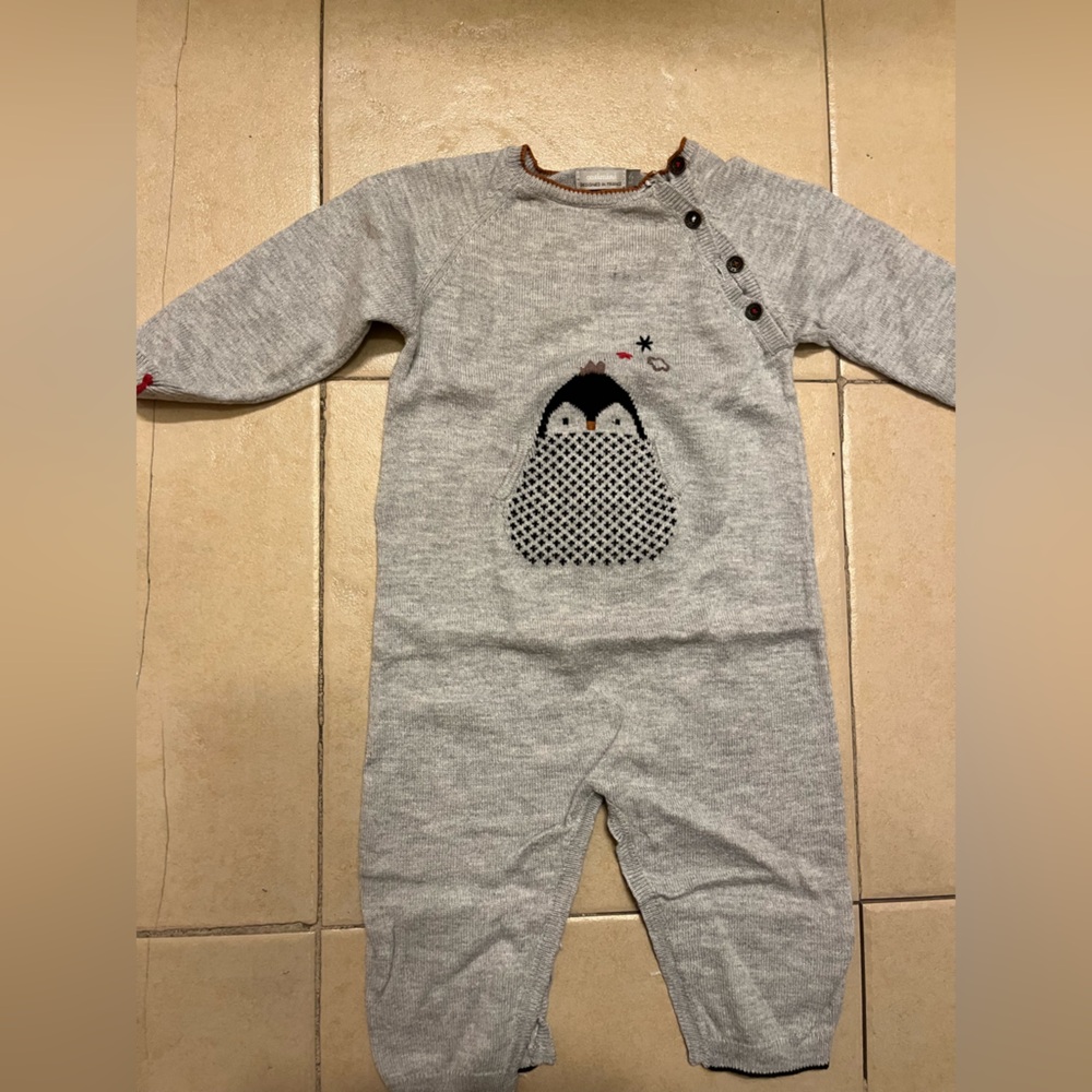Catimini 6m knit baby footless onesie, romper, baby outfit, grey w/ owl design